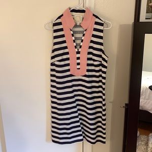 COPY - Sail to Sable Navy and white striped dress with bubblegum trim. Unlined.